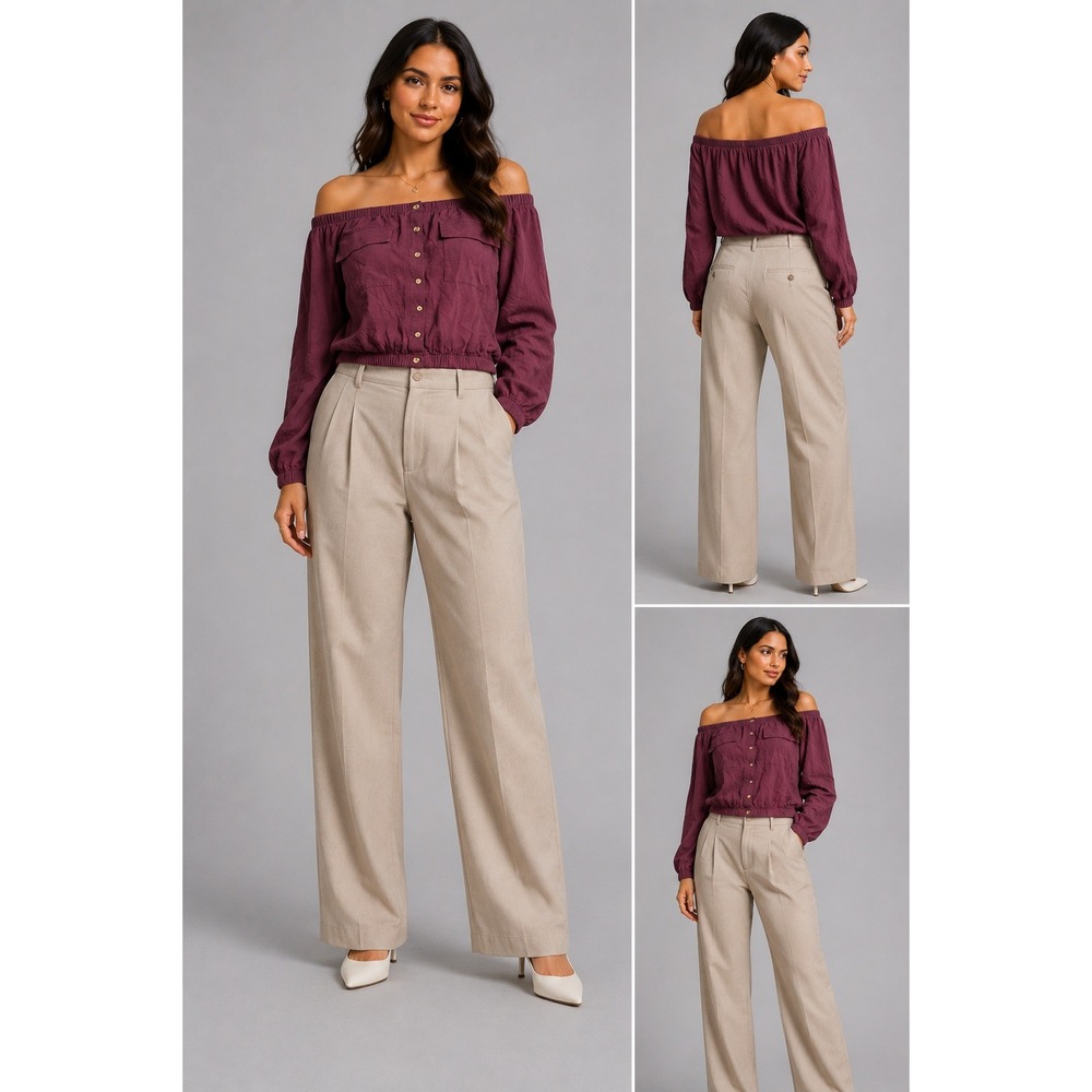 Favlux Small Burgundy Off The Shoulder Button Front Crop Top Linen Blend Boho